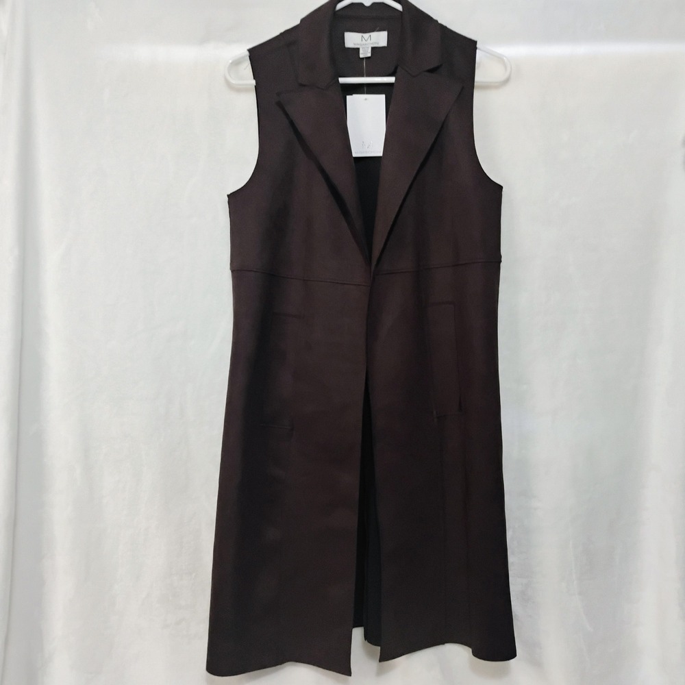 Magaschoni Womens Faux Suede Longline Duster Vest Brown Open Front Size XS NWT